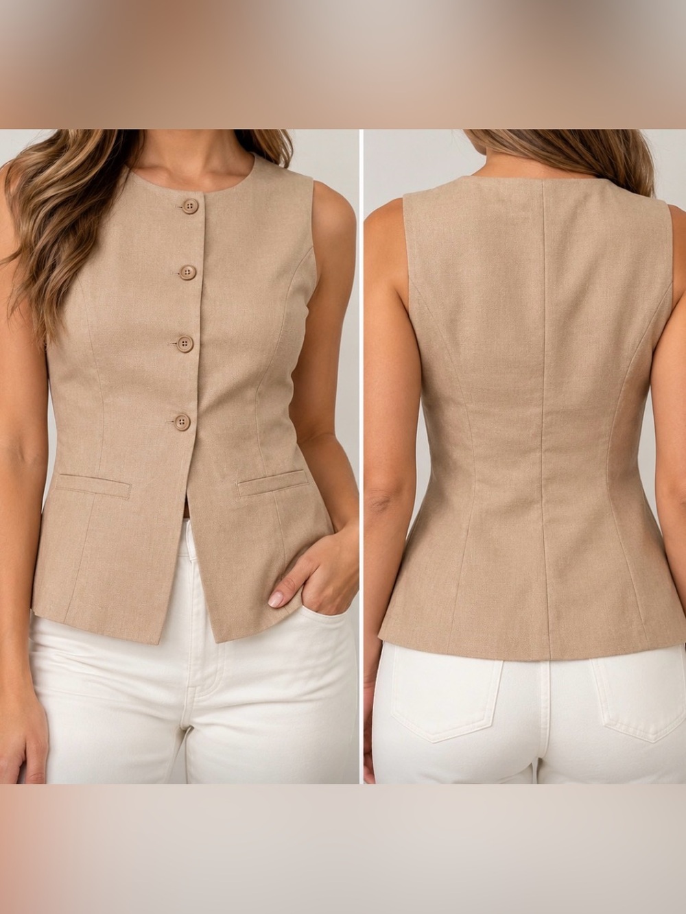 Women's Tan Sleeveless Linen Blend Button Up Elongated Vest Irish Cream Small